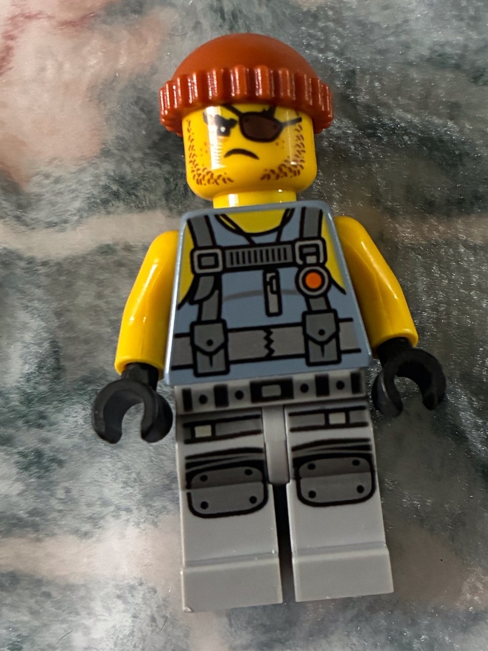 Yellow Minifigure with Orange Beanie and Gray Overalls